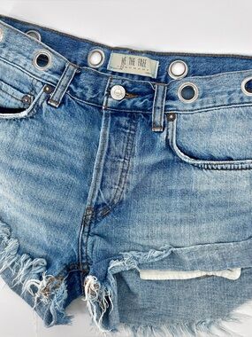 Free People Distressed Blue Jean Shorts Grommet Waistband 25